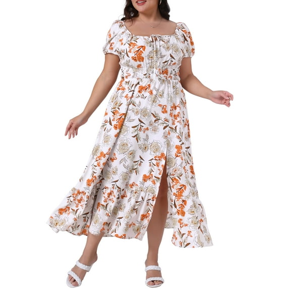 Agnes Orinda Women's Plus Size Floral Dress Tie Square Neck Smocked Waist Short Sleeve Side Slit Beach A Line Maxi Dresses 3X White