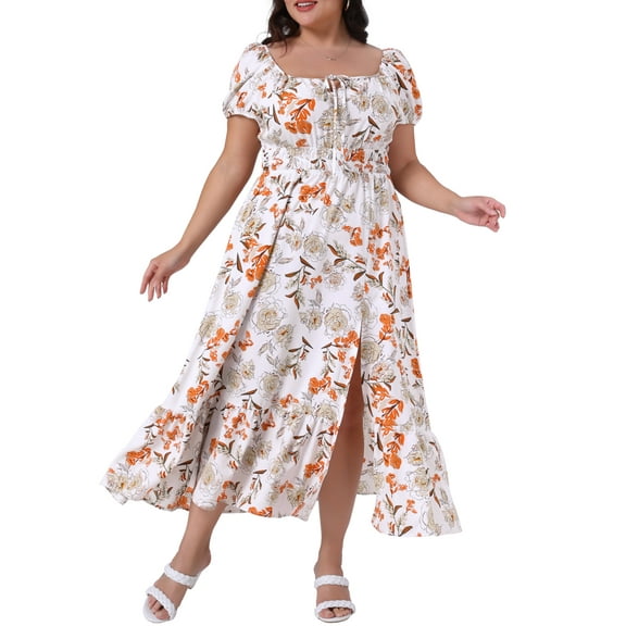 Agnes Orinda Women's Plus Size Floral Dress Tie Square Neck Smocked Waist Short Sleeve Side Slit Beach A Line Maxi Dresses 4X White