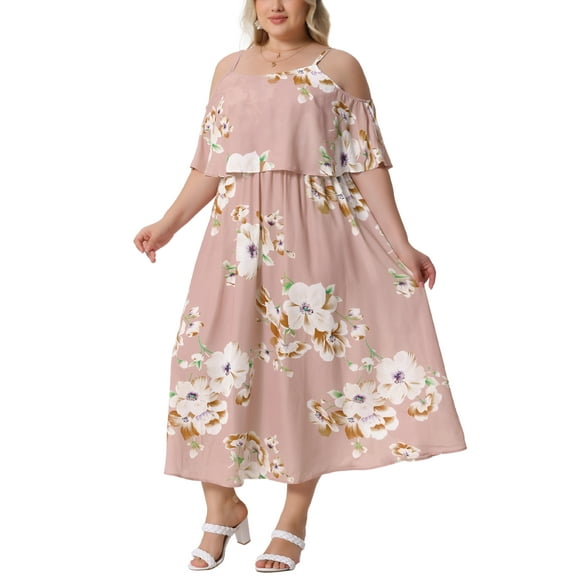 Agnes Orinda Women's Plus Size Floral Dresses Square Neck Adjustable Strap Cold Shoulder Summer Maxi Dress 1X Pink