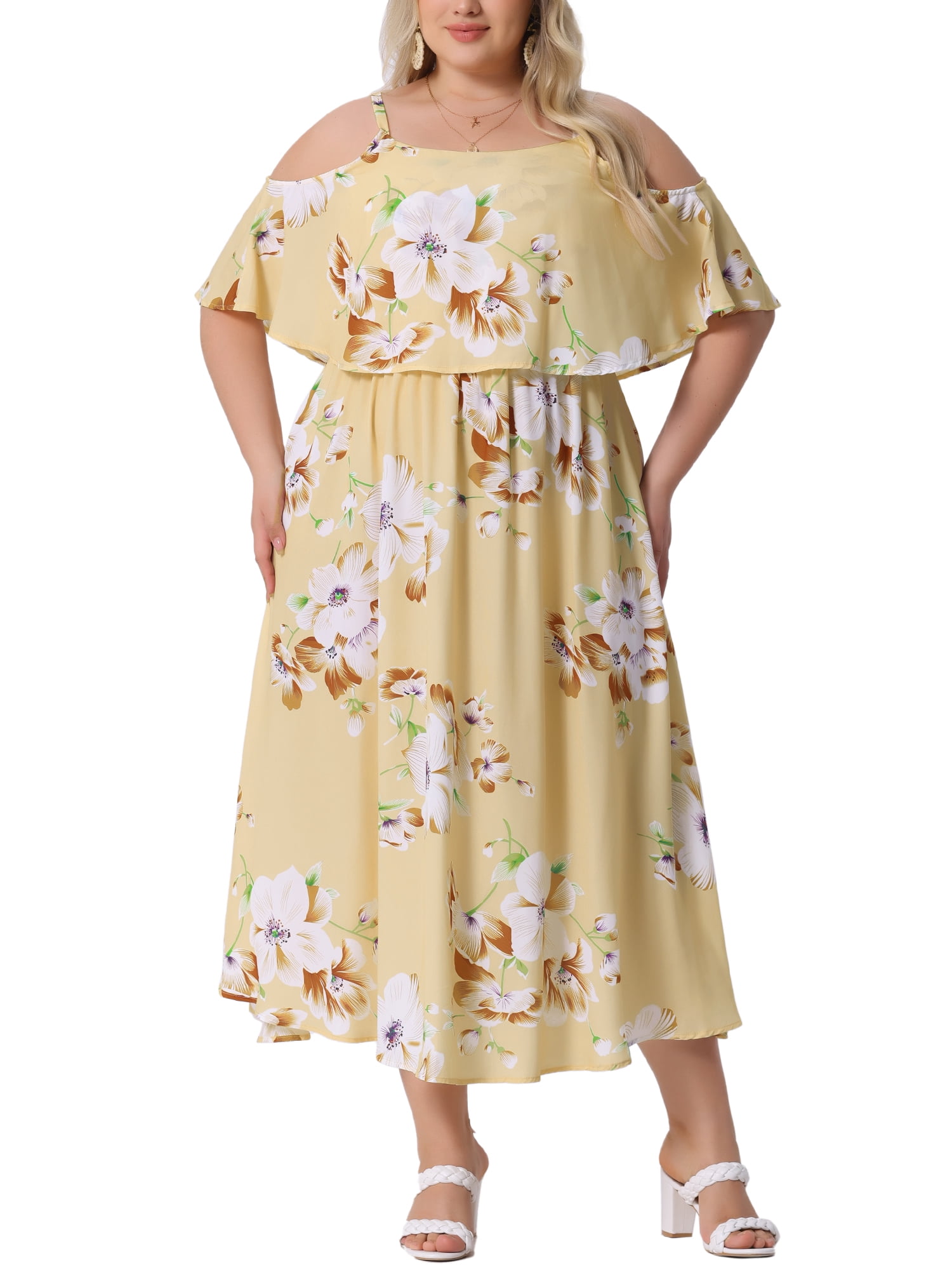 Agnes Orinda Women's Plus Size Floral Dresses Square Neck Adjustable Strap Cold Shoulder Summer Maxi Dress 4X Yellow