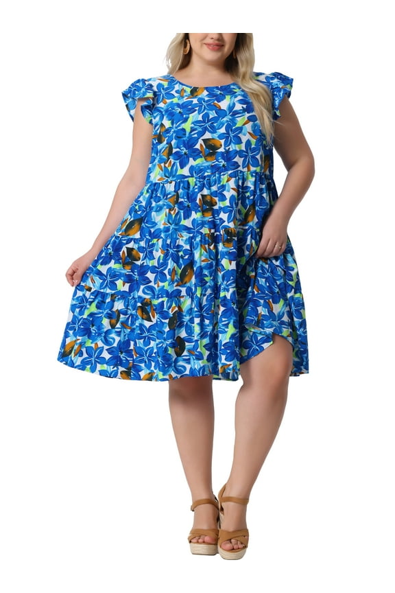 Women's Plus Size Boho Dress Floral Print Tiered Ruffle Flutter Sleeves Round Neck Summer Babydoll Dress 1X Blue
