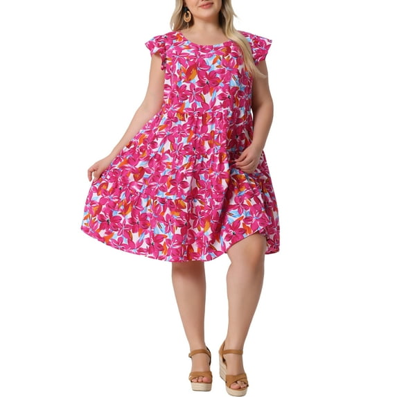 Agnes Orinda Women's Plus Size Boho Dress Floral Print Tiered Ruffle Flutter Sleeves Round Neck Summer Babydoll Dress 2X Red