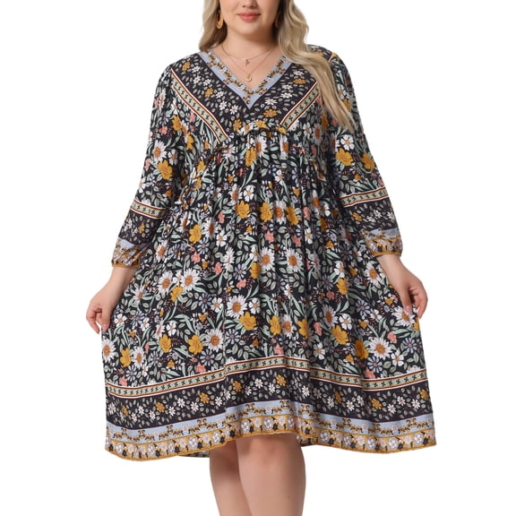 Plus Size Summer Dress for Women Casual Boho Floral V Neck 3/4 Sleeve Midi Short Beach Dress 1X Black Yellow