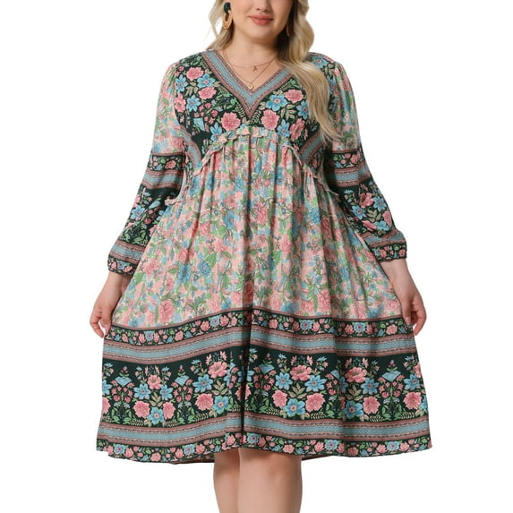 Plus Size Summer Dress for Women Casual Boho Floral V Neck 3/4 Sleeve Midi Short Beach Dress 1X Blue Pink
