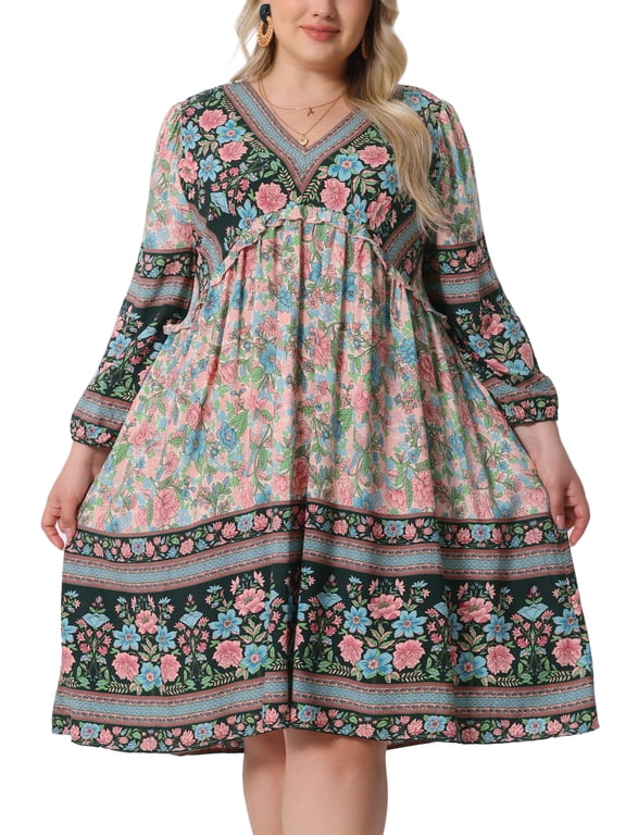 Plus Size Summer Dress for Women Casual Boho Floral V Neck 3/4 Sleeve Midi Short Beach Dress 1X Blue Pink