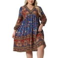 thumbnail image 1 of Plus Size Summer Dress for Women Casual Boho Floral V Neck 3/4 Sleeve Midi Short Beach Dress 1X Red Blue, 1 of 6