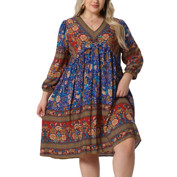 Plus Size Summer Dress for Women Casual Boho Floral V Neck 3/4 Sleeve Midi Short Beach Dress 1X Red Blue