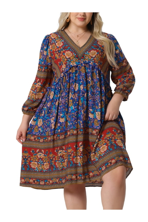 Plus Size Summer Dress for Women Casual Boho Floral V Neck 3/4 Sleeve Midi Short Beach Dress 2X Red Blue