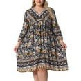thumbnail image 1 of Plus Size Summer Dress for Women Casual Boho Floral V Neck 3/4 Sleeve Midi Short Beach Dress 3X Black Yellow, 1 of 6