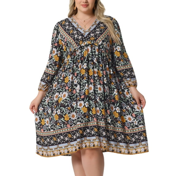 Plus Size Summer Dress for Women Casual Boho Floral V Neck 3/4 Sleeve Midi Short Beach Dress 3X Black Yellow