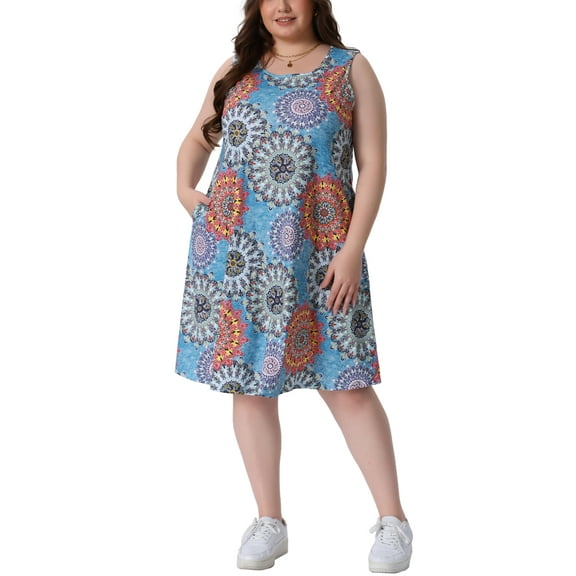 Agnes Orinda Women's Plus Size Summer Dress Crew Neck Sleeveless Beach Midi Sundress with Pockets 3X Yellow Blue