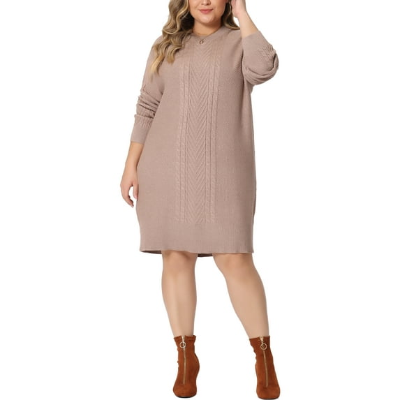 Agnes Orinda Women's Plus Size Sweater Dress Long Sleeve Knit Pullover Short Dresses 1X Khaki