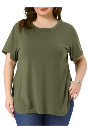 Agnes Orinda Women's Plus Size Easter Top Summer Short Sleeve Round Neck Side Split Hem T-Shirts 1X Army Green