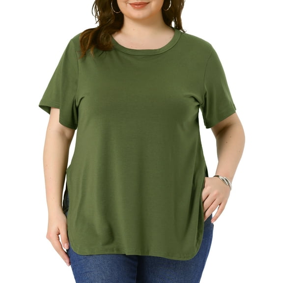 GRACE & GRANDEUR Plus Size Top for Women Summer Short Sleeve Round Neck Side Split Hem T-Shirts 3X Army Green