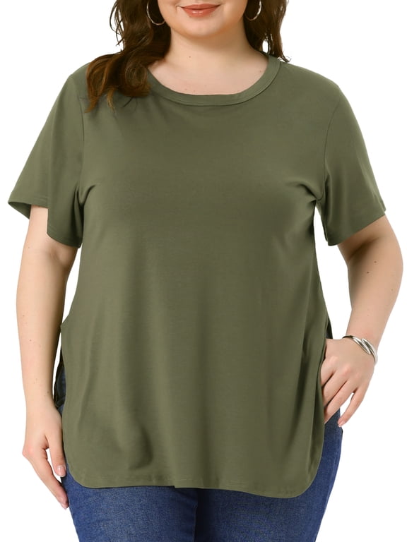 Women's Plus Size Easter Top Summer Short Sleeve Round Neck Side Split Hem T-Shirts 4X Army Green
