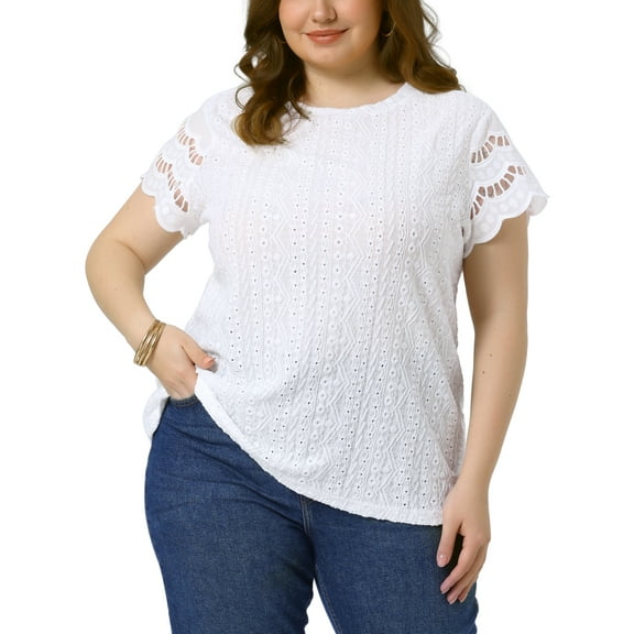 Agnes Orinda Women's Plus Size Summer Tops Eyelet Hollow Lace Panel Short Sleeve Round Neck Casual Blouse 1X White