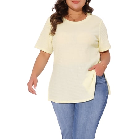 Agnes Orinda Women's Plus Size Tops Side Split Texture Crew Neck Short Sleeve T-Shirts Casual Tunic Blouse 1X Beige