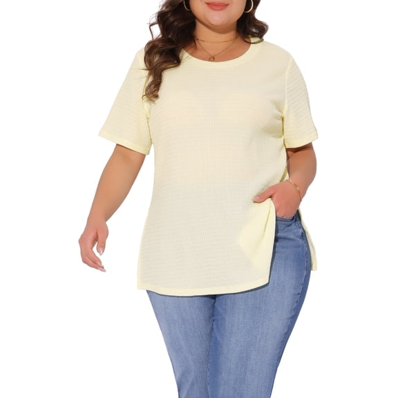 Agnes Orinda Women's Plus Size Tops Side Split Texture Crew Neck Short Sleeve T-Shirts Casual Tunic Blouse 1X Beige