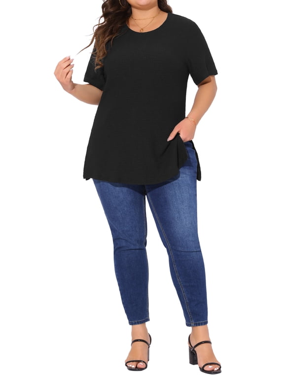 Women's Plus Size Tops Side Split Texture Crew Neck Short Sleeve T-Shirts Casual Tunic Blouse 2X Black
