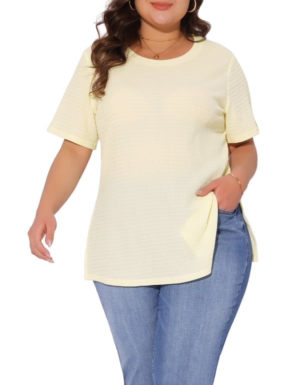 Women's Plus Size Tops Side Split Texture Crew Neck Short Sleeve T-Shirts Casual Tunic Blouse 4X Beige