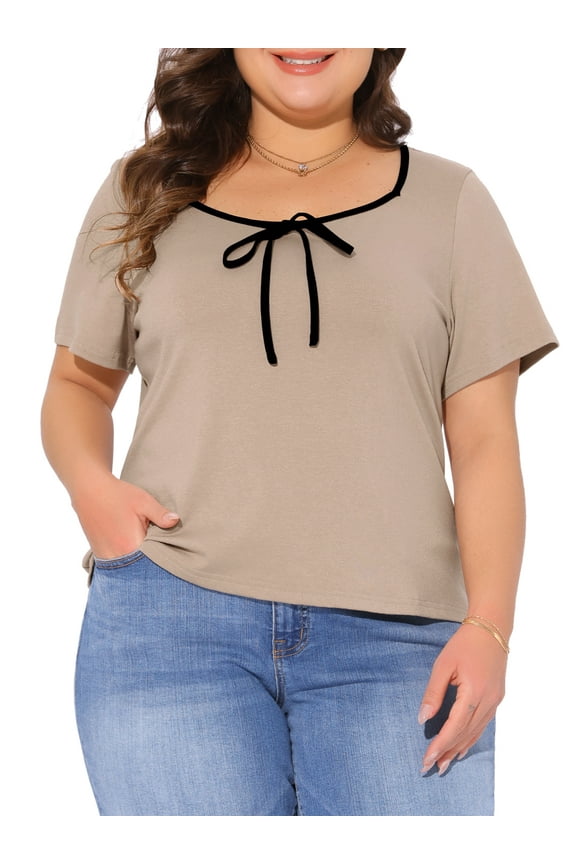 Women's Plus Size Easter Tops Contrast Trim Tie Knot Square Neck Short Sleeve T-Shirts Casual Blouses 3X Camel