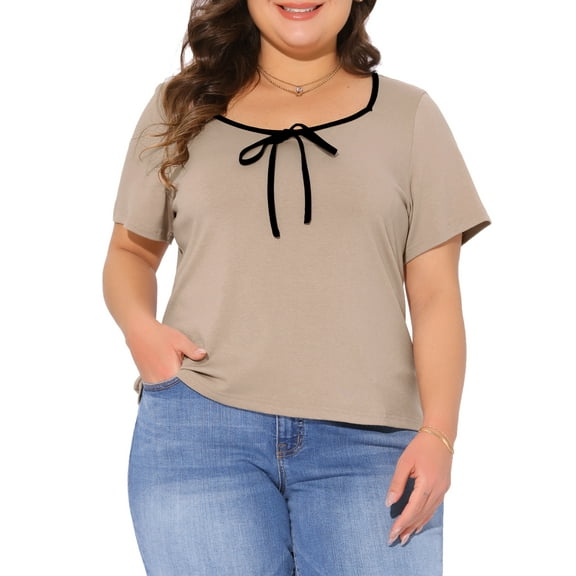 Agnes Orinda Women's Plus Size Tops Contrast Trim Tie Knot Square Neck Short Sleeve T-Shirts Casual Blouses 4X Camel