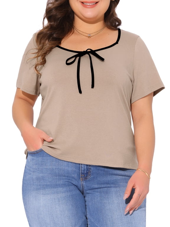 Women's Plus Size School College Tops Contrast Trim Tie Knot Square Neck Short Sleeve T-Shirts Casual Blouses 4X Camel
