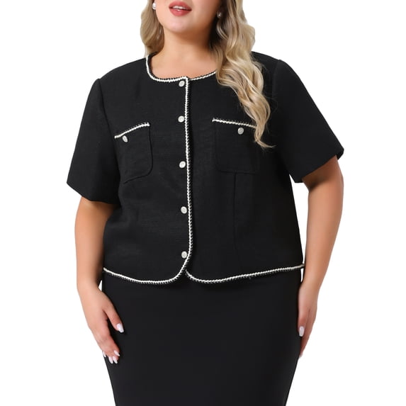 Agnes Orinda Women's Plus Size Tweed Jacket Button Down Short Sleeve Casual Business Cropped Blazer with Pocket 1X Black