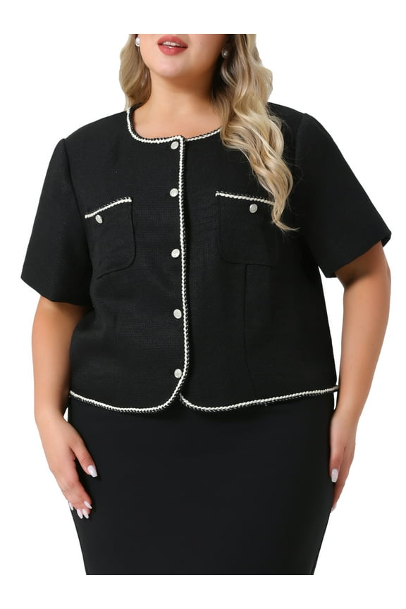 Women's Plus Size Tweed Jacket Button Down Short Sleeve Casual Business Cropped Blazer with Pocket 2X Black