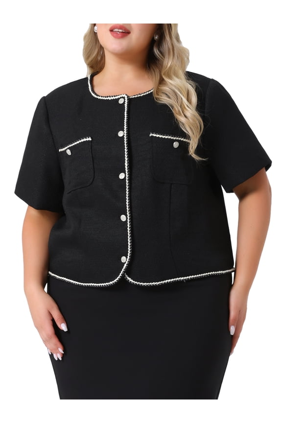 Women's Plus Size Tweed Jacket Button Down Short Sleeve Casual Business Cropped Blazer with Pocket 2X Black
