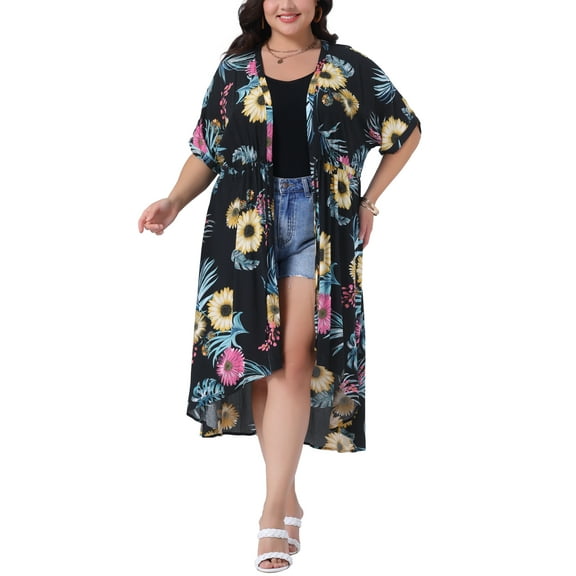 Agnes Orinda Women's Plus Size Cardigan Floral Print Irregular Hem Short Sleeve Kimono Loose Beach Cover Up Blouse Top with Belt 1X Black