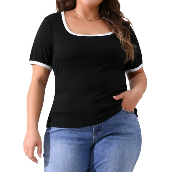 Plus Size Top for Women Square Neck Short Sleeve t Shirt Ribbed Color Block Slim Fit Knit Basic Tee Tops 1X Black