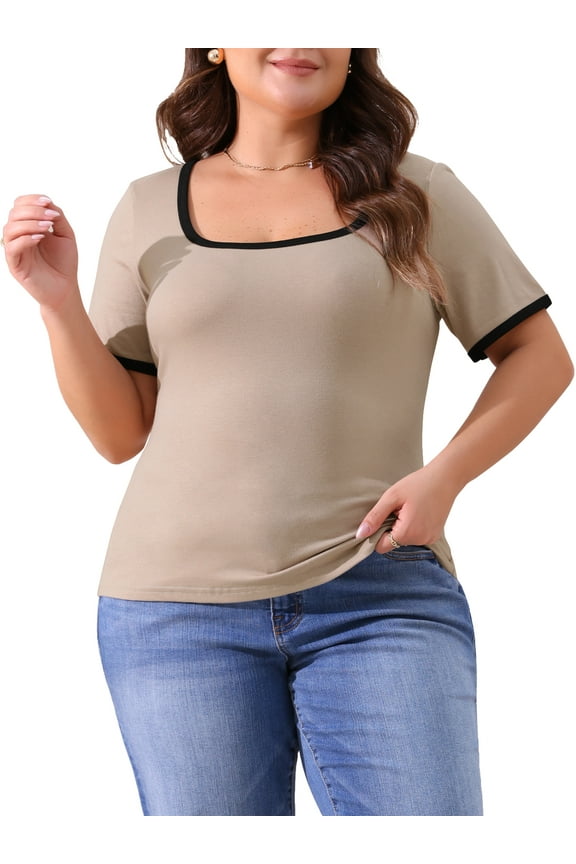 Plus Size Top for Women Square Neck Short Sleeve t Shirt Ribbed Color Block Slim Fit Knit Basic Tee Tops 3X Light Camel