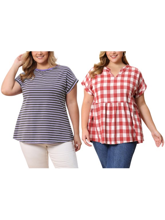 Women's Plus Size 2 Peices Summer Tops Striped T-Shirts Plaid Short Sleeves Casual Blouses 4X Red/Purple