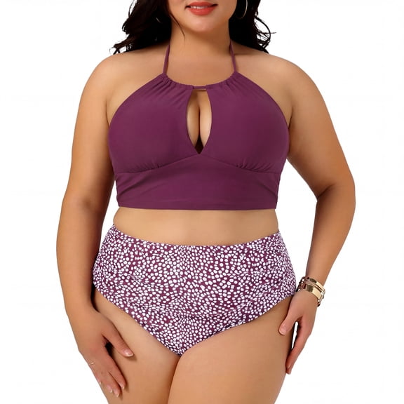 Agnes Orinda Women's Plus Size 2 Piece Swimsuits Polka Dots Halter Ruched Hollow High Waisted Solid Bathing Suits 2X Burgundy