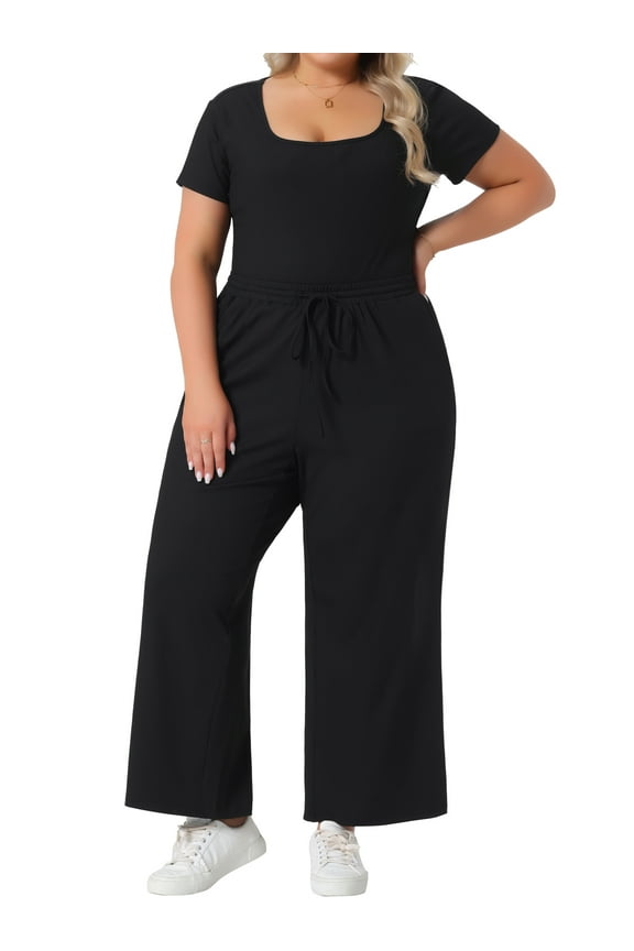 Women's Plus Size 2 Piece Bodysuit Square Neck Short Sleeve Pants Casual Fitted Outfit Set 1X Black