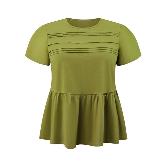 GRACE & GRANDEUR Women's Plus Size Babydoll Peplum Tops Pleated Front Ruffle Sleeve Crew Neck Flowy Casual Trendy Summer Blouses 1X Olive Green