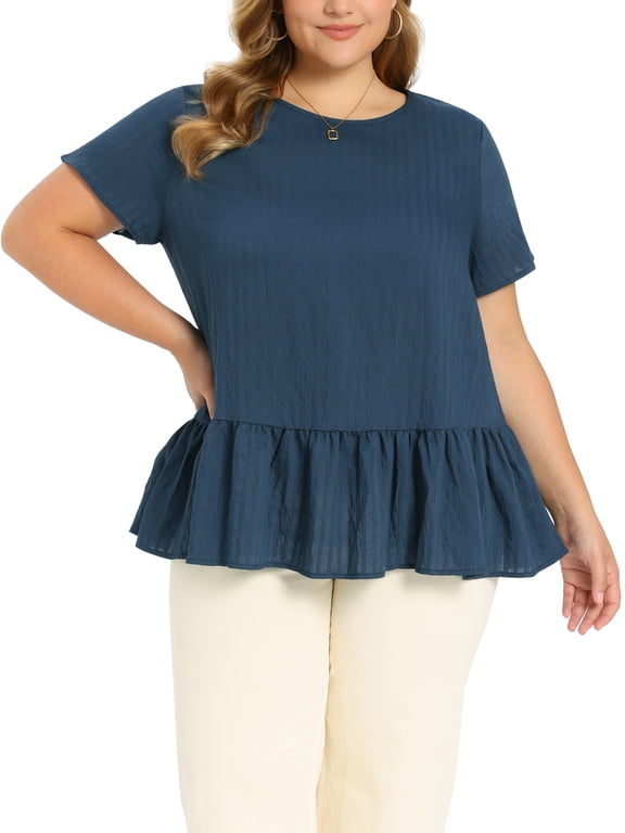 Women's Plus Size Easter Babydoll Peplum Tops Short Sleeve Crew Neck Flowy Blouses Loose Fit Summer Casual Shirts Top 1X Navy Blue