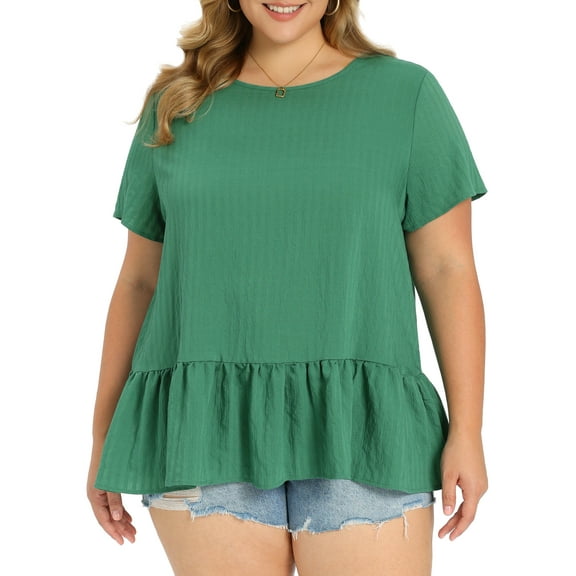 GRACE & GRANDEUR Women's Plus Size Valentines Day Babydoll Peplum Tops Short Sleeve Crew Neck Flowy Blouses Loose Fit Summer Casual Shirts Top 2X Green