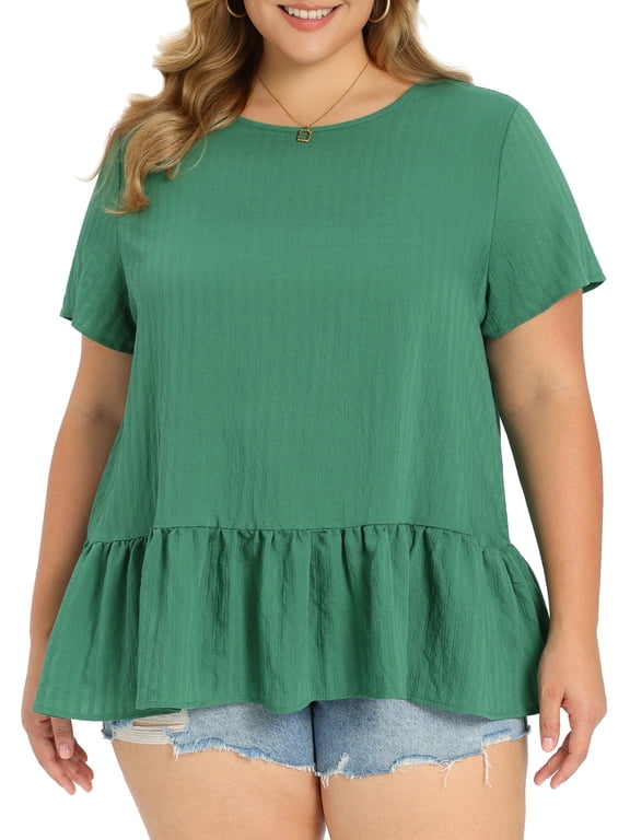 Women's Plus Size Easter Babydoll Peplum Tops Short Sleeve Crew Neck Flowy Blouses Loose Fit Summer Casual Shirts Top 2X Green
