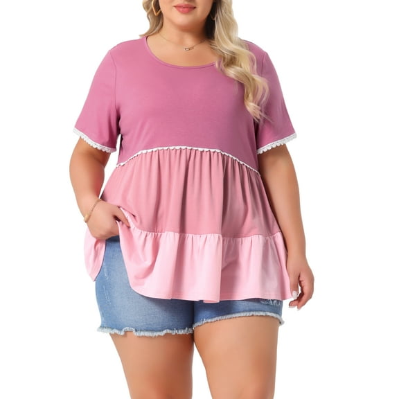Agnes Orinda Women's Plus Size Babydoll Ruffle Tops Lace Trim Tiered Crew Neck Short Sleeve Casual Flowy Blouses 1X Dark Pink