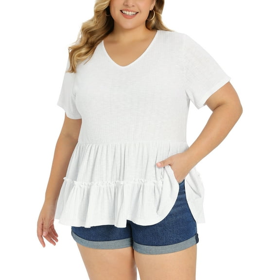 GRACE & GRANDEUR Women's Plus Size Babydoll Tops Textured Tiered Pleated V Neck Short Sleeve Casual Loose Fit Summer Peplum Blouses 1X White