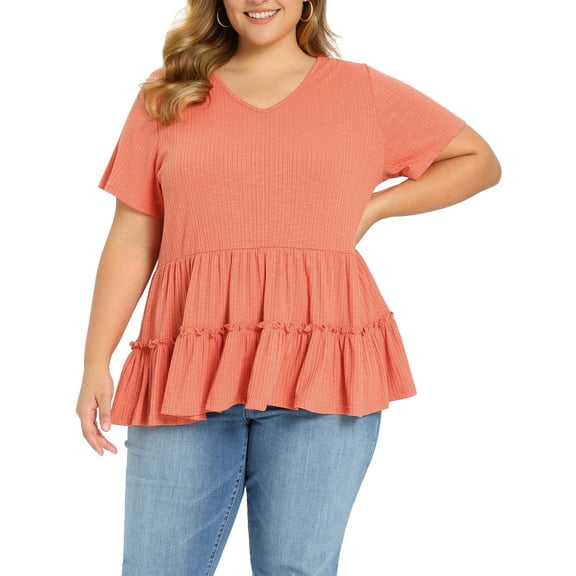 GRACE & GRANDEUR Women's Plus Size Babydoll Tops Textured Tiered Pleated V Neck Short Sleeve Casual Loose Fit Summer Peplum Blouses 2X Orange