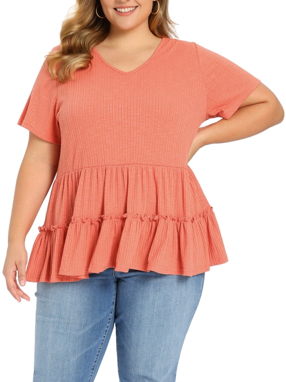 Women's Plus Size Easter Babydoll Tops Textured Tiered Pleated V Neck Short Sleeve Casual Loose Fit Summer Peplum Blouses 2X Orange