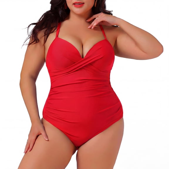 Agnes Orinda Women's Plus Size Tummy Control Swimsuits Ruched Padded Slimming One Piece Bikini Swimwear 4X Red