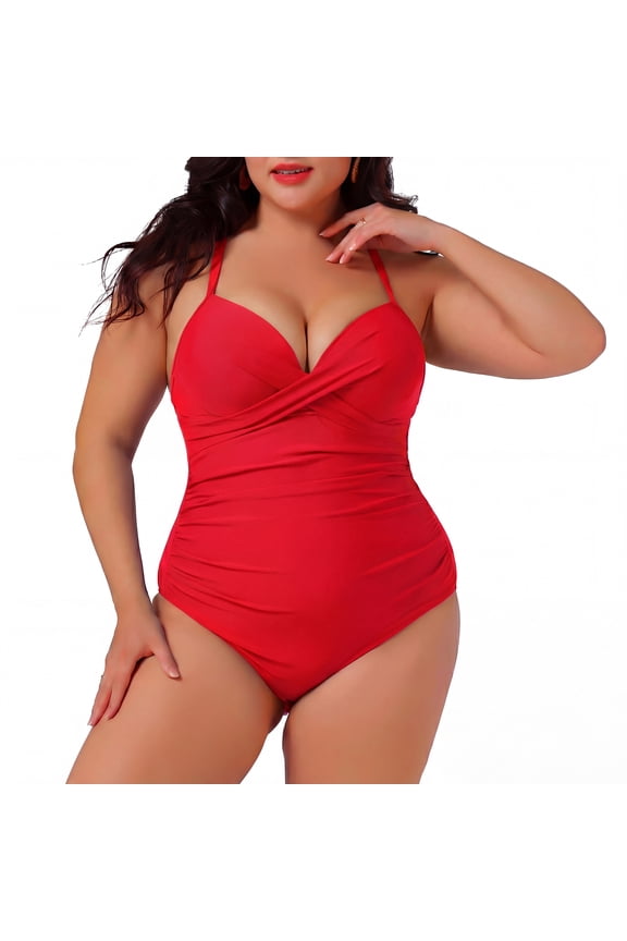 Women's Plus Size Tummy Control Swimsuits Ruched Padded Slimming One Piece Bikini Swimwear 4X Red