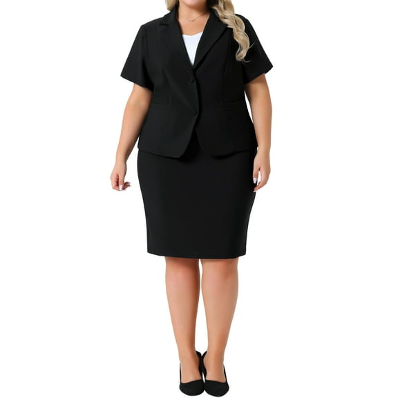 Agnes Orinda Women's Plus Size 2 Piece Short Sleeve Blazer with Pencil Skirt Office Business Suit Set with Button 1X Black