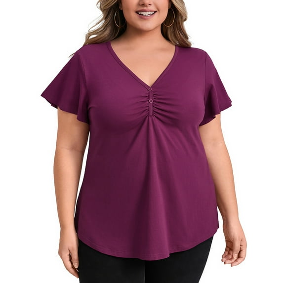 GRACE & GRANDEUR Women's Plus Size Blouse Button Decor V Neck Flutter Sleeve Blouses Front Pleated Dressy Casual Tops 2X Purple