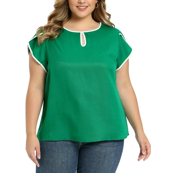 GRACE & GRANDEUR Women's Plus Size Blouse Contrast Color Keyhole Crew Neck Short Sleeve Casual Summer Tops 3X Green