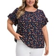 thumbnail image 1 of GRACE & GRANDEUR Women's Plus Size Tops Floral Print Crew Neck Double Layer Ruffles Short Sleeve Summer Blouses 1X Dark Blue, 1 of 5